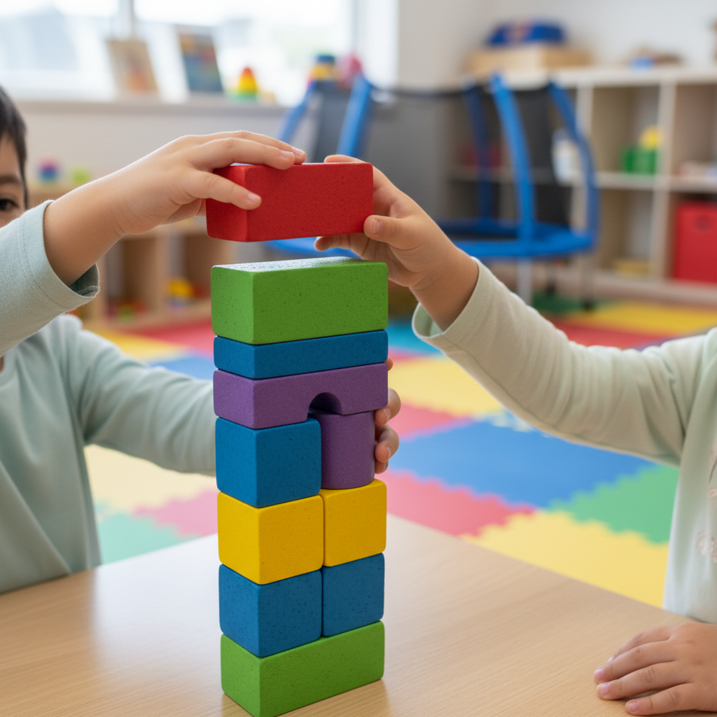 Close-up of a child’s hands building a colourful block tower on a table, with another child’s hands helping. Background softly blurred but suggesting an OT space with mats and a mini trampoline, highlighting cooperative play and fine motor practice.