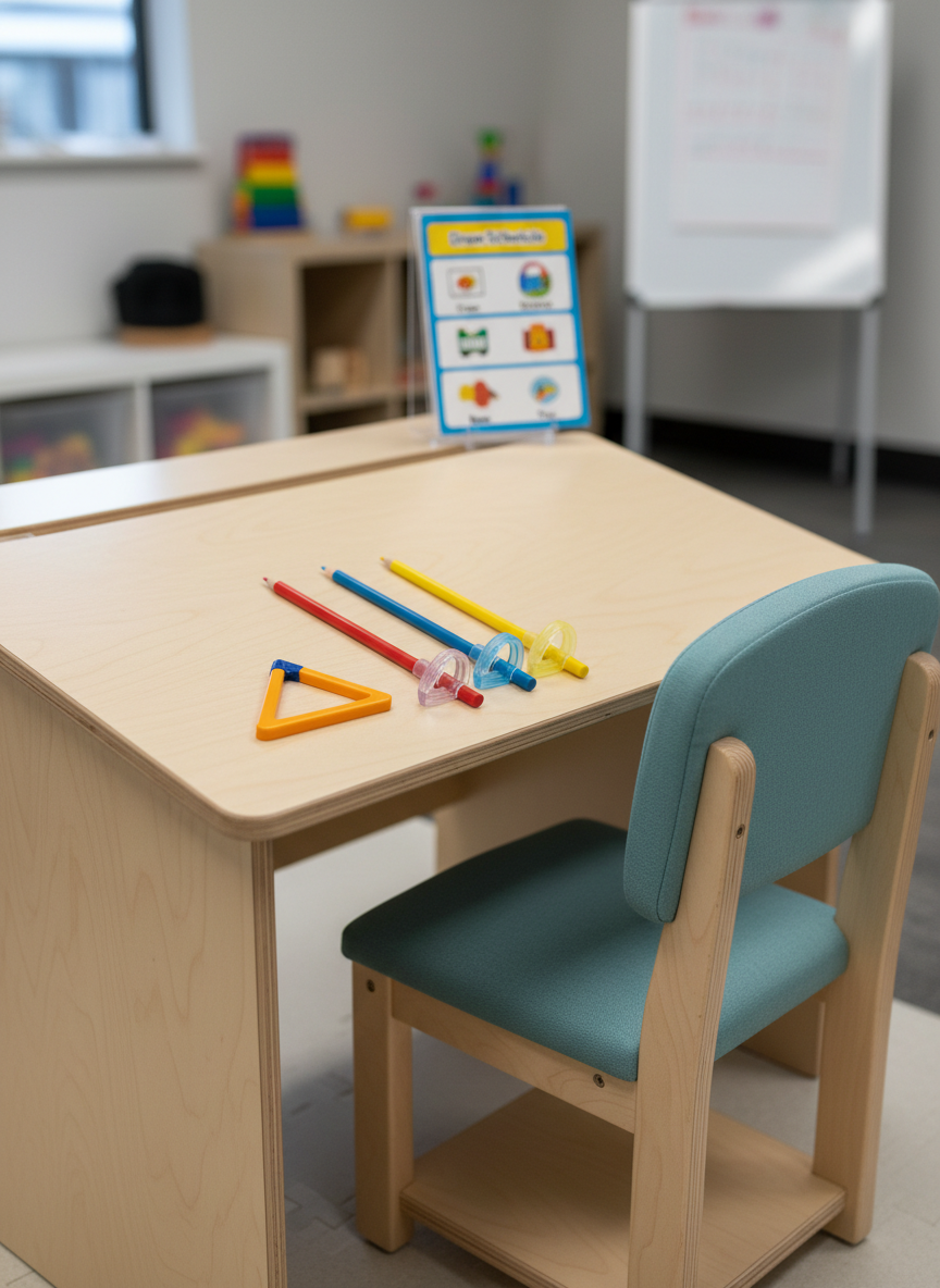 A close-up of a tidy occupational therapy workstation featuring a smooth, light-wood child’s desk with a sloped writing surface, ergonomic pencil grips on high-contrast triangular pencils, and a brightly coloured visual schedule card neatly propped on a small stand. Beside the desk, a structured, high-backed child’s chair with adjustable footrest sits squarely on the floor, its fabric a muted teal for a professional yet child-friendly touch. Soft overcast daylight from an unseen window bathes the workspace, creating a gentle, shadow-free look. Photographic realism, shallow depth of field keeps the tools in crisp focus while the background blurs into a neutral, softly lit therapy room. The atmosphere is organised, supportive, and quietly encouraging, ideal for illustrating fine motor and functional skills work.
