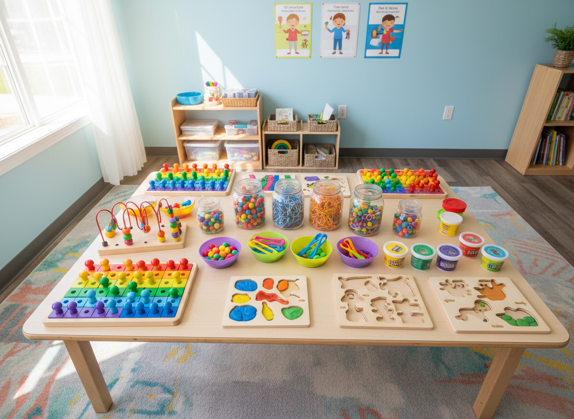 A bright, welcoming pediatric occupational therapy room with fine motor activity stations neatly laid out on a table, including colorful pegboards, threading beads, tweezers, playdough tools, and small puzzles, photographed from above, soft natural lighting, warm and professional clinical setting